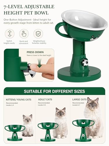 Raised Cat Bowl Elevated Cat Feeding Station, 7-Level (4.7-8.2) Height Food and Water Bowls for Cats and Small Dogs, 60° Tilt Cats Feeder for Indoor Spine Protection Anti-Vomiting, Green - color: Green
