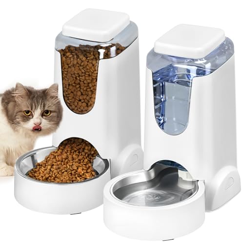 Automatic Cat Feeder and Water Dispenser with Stainless Steel Bowl Dog Gravity Food Feeder and Waterer for Small Medium Pets Puppy Kitten 1 Gallon x 2 - color: White（3.8L*2）