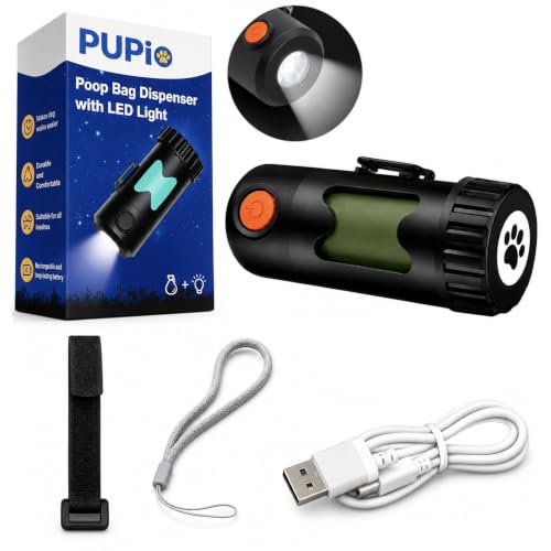 Poop Bag Holder With LED Flashlight USB-C Rechargeable No Batteries Needed Unique Retracting Function Compact Durable Lightweight Includes 15 bags and Charging Cable