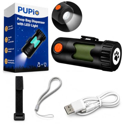 Poop Bag Holder With LED Flashlight USB-C Rechargeable No Batteries Needed Unique Retracting Function Compact Durable Lightweight Includes 15 bags and Charging Cable