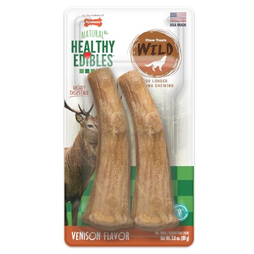 Nylabone Healthy Edibles WILD Natural Dog Chew Treats for Large Dogs, Long Lasting Dog Healthy Chew Antler Bone Made in USA, Venison Flavor, For Dogs Up to 50 lbs. (2 Count) - size: 2.8 Ounce (Pack of 1)