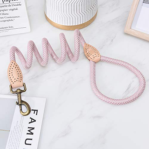 Mile High Life Dog Leash, Rope Leash with Genuine Leather Connection and Heavy Duty Metal Clasp, Great for Small Medium Large Dogs(Pink,48 Inch) - color: Rope Handle-Pink, size: 48 Inch-1/2"