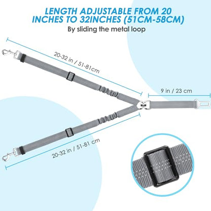 SlowTon Dog Seat Belt, Double Dog Seatbelt Adjustable Vehicle Safety Leash with Elastic Bungee Buffer, Reflective No Tangle Y Shape Two Dog Harness Seat Belt Splitter for Pets Car Trip (Grey, M) - color: G.Grey, size: 2 Medium in 1