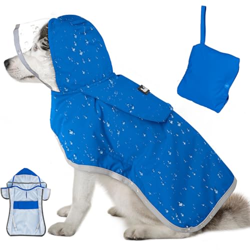 Lukovee Dog Raincoat, Adjustable Dog Rain Jacket with Clear Hooded Double Layer for Large Medium Small Dogs Puppies, Waterproof Rain Coat Poncho with Reflective Storage Pocket & Rim (BL,M) - color: Blue, size: Medium