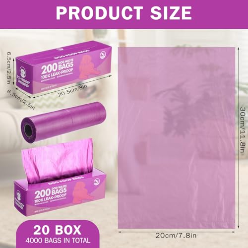 Sherr 20 Boxed Rolls 4000 Counts Dog Poop Bags Bulk Leak Proof Dog Waste Bags Universal Pet Doggy Waste Poop Box for Puppy Pets Outdoor Walking and Travel, 20 Rolls of 200 (Purple) - color: Purple
