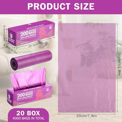 Sherr 20 Boxed Rolls 4000 Counts Dog Poop Bags Bulk Leak Proof Dog Waste Bags Universal Pet Doggy Waste Poop Box for Puppy Pets Outdoor Walking and Travel, 20 Rolls of 200 (Purple) - color: Purple