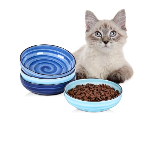 Selamica 세라믹 고양이 그릇 4개 세트, 고양이 사료 그릇 위스커 친화적, 음식과 물용, 14cm(5.6인치) 얕은 넓은 새끼 고양이 접시, 식기 세척기 사용 가능, 그라데이션 블루 - color: 그라데이션 블루, size: 5.6 Inch, Set of 4