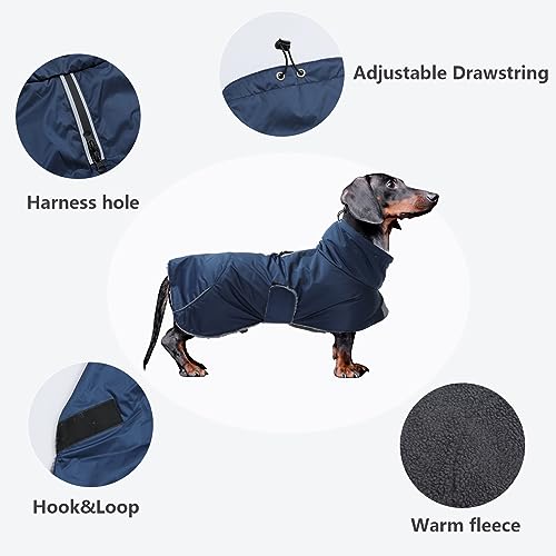 Dachshund Coats Waterproof, Perfect for Dachshunds, Sausage, Weiner Dog Winter Coat with Padded Fleece, Puppy Snowsuit with Adjustable Bands and High Vis Reflective Trim - Navy - M - color: Navy, size: Medium