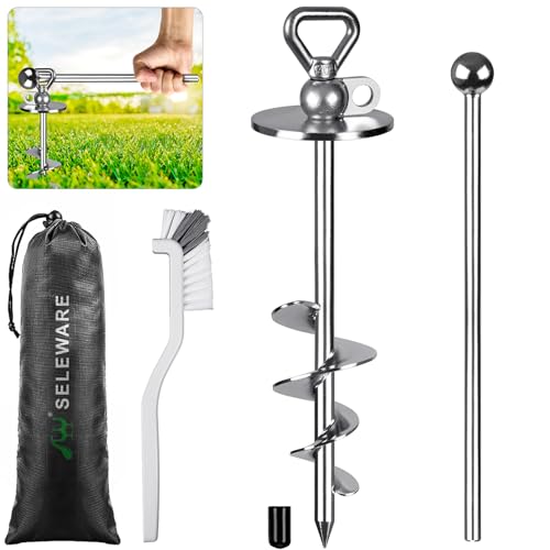 SELEWARE Dog Tie Out Stake Outdoor Anti-Rust Ground Anchor for Large Dogs up to 220 lbs, Free Swivel Dog Stake Dog Camping Gear Twist Rod Included Silver - color: Silver-D, size: L stake only