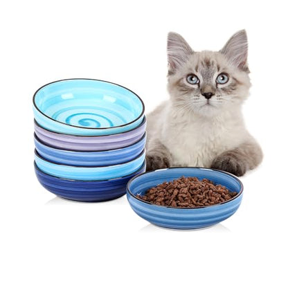 Selamica 세라믹 고양이 사료 그릇, 14cm(5.6인치) 너비의 얕은 고양이 그릇/음식과 물용, 수염 친화적, 6개 세트, 그라데이션 블루 - color: 그라데이션 블루, size: 5.6 Inch, Set of 6