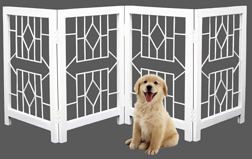 Freestanding Pet Gate for Dogs – Foldable Wooden Indoor Dog Gate, 72" W x 18" H, 4 Panel Design with Arrow Pattern, Portable Safety Gate for Stairs, Doorways, and Hallways – White Finish - color: White, size: 72"x24" Arrow 4 Panels