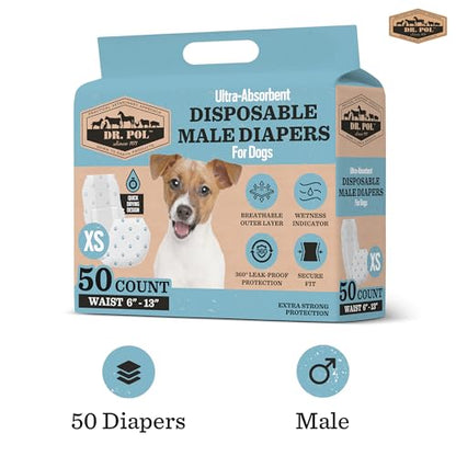 Dr Pol Dog Diapers for Male Dogs | Disposable Pet Diapers with Wetness Indicators | Adjustable Fit | Leak Protection & Super Absorbent | Perfect for Heat Cycles & Training Accidents | Pack of 50 - size: XS Waist Size 6 - 13 in