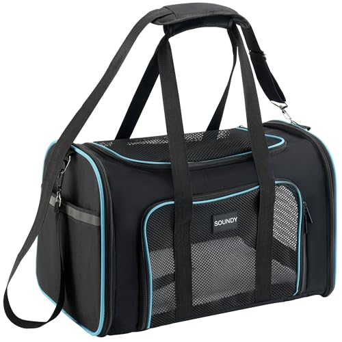 Soundy Large Cat Carrier Dog Carrier Under 25 Lbs,Collapsible Ventilated Portable Pet Bag with Soft Sided Breathable Mesh for Long Car Trips Maxi Load 2 Kittens or Small, Medium Dog (Large Black) - color: Black