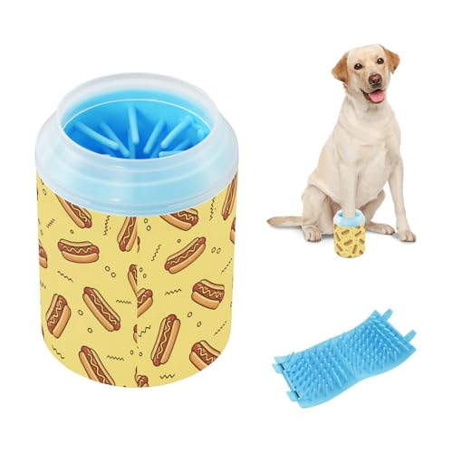Hot Dog Yellow Print Dog Paw Cleaner Cup with Soft Silicone Brush, Small Portable Lightweight Muddy Paw Washer for Dogs, Easy to Use Pet Foot Cleaner