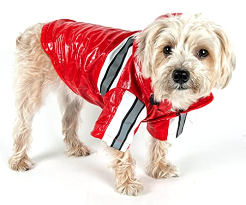 Pet Life ® Reflecta-Glow Multi-Adjusting Reflective Year-Round Fleece Reversed PVC Pet Jacket Waterproof Dog Raincoat with Removable Hood - color: Red, size: Medium