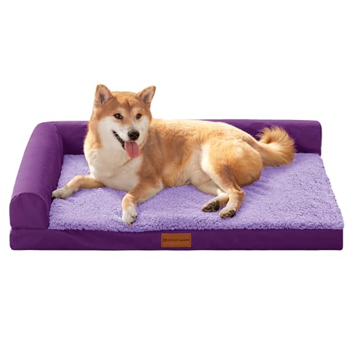 Patas Lague Orthopedic Dog Bed Large Sized Dog 36''X24'', Waterproof L Bolster Medium Pet Sofa Beds with Removable Washable Cover, Soft Pet Couch Crate Mat with Nonskid Bottom, Purple - color: Purple, size: 36"L x 24"W x 3.5"Th