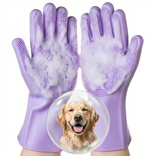 DELOMO Pet Grooming Gloves 1 Pair: Soft and Gentle Silicone Dog Washing Gloves - Bathing Scrubber Brush Mitt Grooming Shedding Fur Removal Massage for Dogs/Cats/Horse, Purple - color: purple, size: Medium