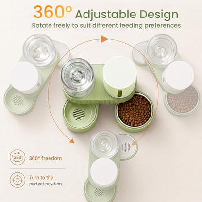Gravity Cat Feeder 2 Pack Automatic Food Feeder Stainless Steel Water Dispenser Set 360° Rotatable Pet Bowls with Silicone Mat and Brush for Cats Small Medium Dogs, Large Capacity(Green) - color: Green-With mat/brush