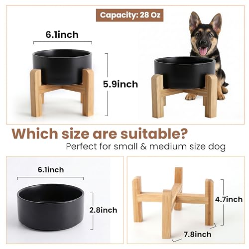 hjn Elevated Ceramic Dog Bowl with Bamboo Stand, Raised Pet Feeding Station for Small Medium Dogs Cats, Modern Design with Anti-Slip Base (Black, 3.6Cup) - color: Black, size: 3.6Cup