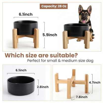 hjn Elevated Ceramic Dog Bowl with Bamboo Stand, Raised Pet Feeding Station for Small Medium Dogs Cats, Modern Design with Anti-Slip Base (Black, 3.6Cup) - color: Black, size: 3.6Cup