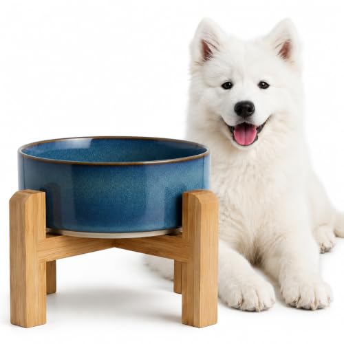 hjn Elevated Ceramic Dog Bowl with Bamboo Stand, Raised Pet Feeding Station for Small Medium Dogs Cats, Modern Design with Anti-Slip Base (Deep Blue, 3.6Cup) - color: Deep Blue, size: 3.6Cup
