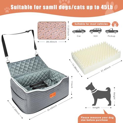 AlfaTok Memory Foam Booster Dog Car Seat for Medium Dogs Under 45 LBS, Elevated Pet Car Seat with Detachable Washable Cover, Anti-Slip Sturdy Dog Booster Seat with Seat Belt for Back Seat Travel