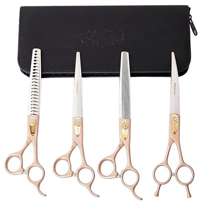Professional Dog Grooming Scissors Rose Gold 440C Stainless Steel Straight Thinning Curved Chunker Shears for Pet Grooming Services Dogs and Cats (Combo, 7.5‘’) - size: 7.5‘’, style: Combo