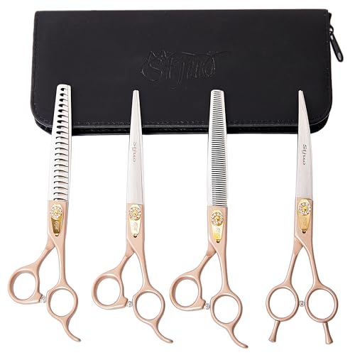 Professional Dog Grooming Scissors Rose Gold 440C Stainless Steel Straight Thinning Curved Chunker Shears for Pet Grooming Services Dogs and Cats (Combo, 7.5‘’) - size: 7.5‘’, style: Combo