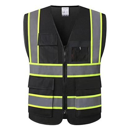 Reflective Safety Vest for Men Women High Visibility Vest with 8 Pockets and Front Zipper Mesh Reflective Vest Meets ANSI/ISEA Standards (Black-07, Medium) - color: Black, size: Medium