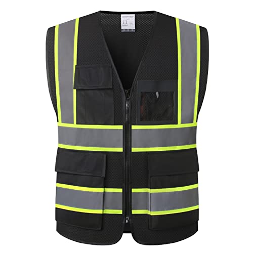 Reflective Safety Vest for Men Women High Visibility Vest with 8 Pockets and Front Zipper Mesh Reflective Vest Meets ANSI/ISEA Standards (Black-07, Medium) - color: Black, size: Medium