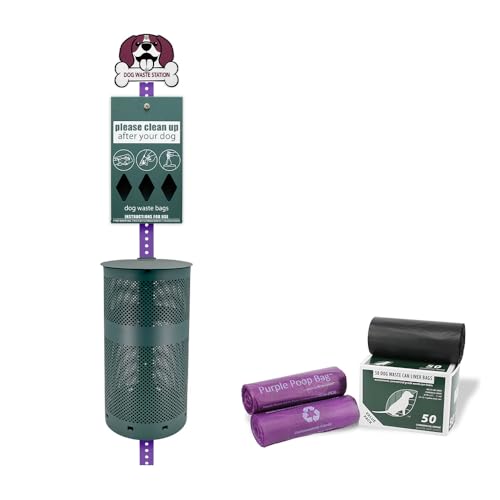 Rust-Proof Aluminum Dog Pet Waste Station Outdoor, Poop Bag Dispenser, Cute Purple Dog Sign & Post, Large Lidded Trash Can, 400 Bags & 25 Can Liners, Purple & Green - color: Purple | Matte Green