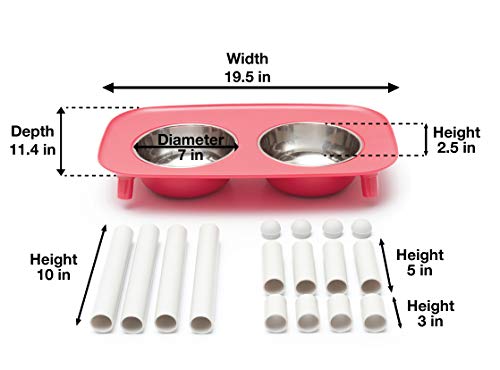 Messy Mutts Elevated Double Feeder with Stainless Bowls | Adjustable Height 3”, 5”, or 10” | Adjustable Standing Feeder for Dogs | 5 Cups per Bowl | Watermelon - color: Watermelon