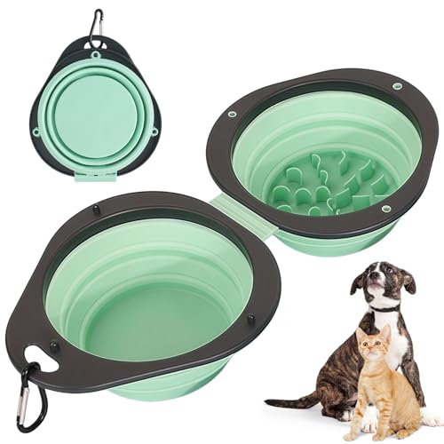 2-in-1 Green Collapsible Dog Bowls with Carabiner | Foldable Water Bowl(320ml) Foldable Slow Food Bowl(130g) for Dogs Cats Travel Hiking Camping - color: Green