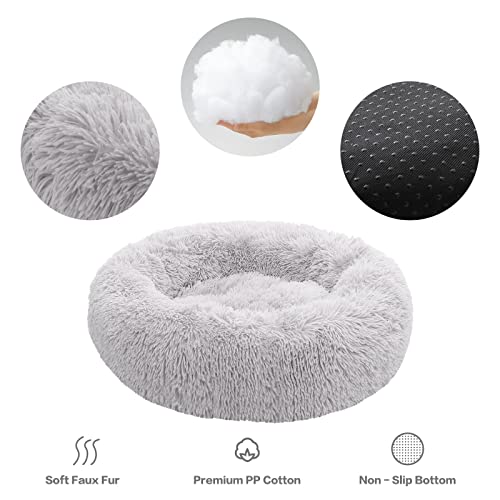 NOYAL Calming Dog Bed Donut Anti Anxiety Fluffy Dog Bed for Small Medium Dog and Cat - color: Light gray, size: Large 27.5''