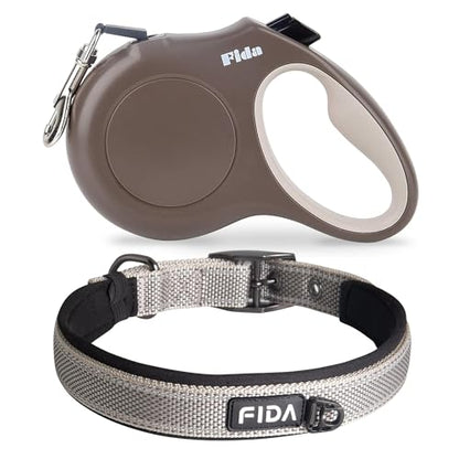 Fida Retractable Dog Leash and Heavy Duty Dog Collar Set, Ultra Comfortable Soft Neoprene Padded, Adjustable Reflective Nylon Pet Collar with Durable Metal Belt Buckle for Small Breeds (S, Grey)