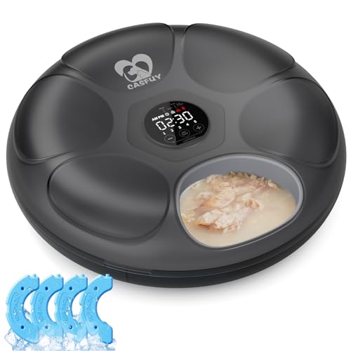 Casfuy Automatic Cat Feeder Cordless - Automatic Cat Food Dispenser for Wet Moist Food with 4 Ice Packs Rechargeable Auto Feeder for Cats Small Dogs with Programmable Timer Low Battery Indicator - color: Black