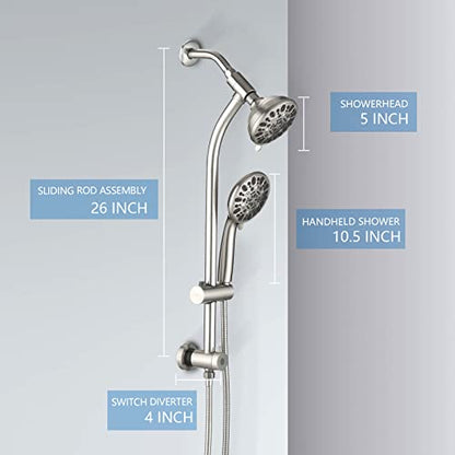 High Pressure 48-Settings Shower Head with Handheld Shower,Drill-Free 3-Way Diverter for Easy Reach,Adjustable Height Slide Bar Dual Shower Head Combo Set - Brushed Nickel - color: Brushed Nickel