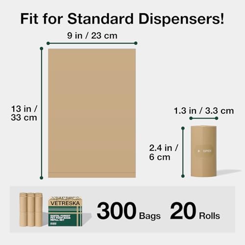 VETRESKA Dog Poop Bags, Leak Proof, Extra Thick and Large Pet Waste Bags for Dog Walking and Cat Litter, Sandalwood & Almond Scented, 300 Bags - size: 1 Count (Pack of 300), style: Santal Forest