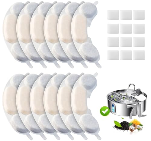 12 Pack Dog Water Replacement Filters Compatible with Smartoo 7L / 236oz / 1.8Gal Stainless Steel Dog Water Fountain, Pet Dog Fountain Filter Replacement,12 Filters + 12 Sponge