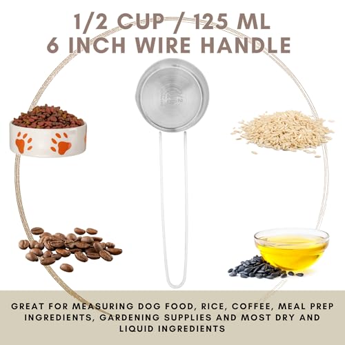 1/2 Cup Stainless Steel Measuring Cup, Long 6" Wire Loop Handle and Pour Spout | Sturdy Metal 125 ml | 125 cc | 4 oz | Single Cup for Wet and Dry Ingredients | Great for use as 1/2 Cup Dog Food Scoop - size: 1/2 Cup Long Handle