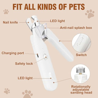 2-in-1 Dog Nail Grinder &Dog Nail Clippers with Light，Cat Nail Clippers ，Ultra-Quiet, USB Rechargeable, Multiple Grinding Methods, and Splash Guard for Large Medium Small Dogs Cats Pets(White) - color: white