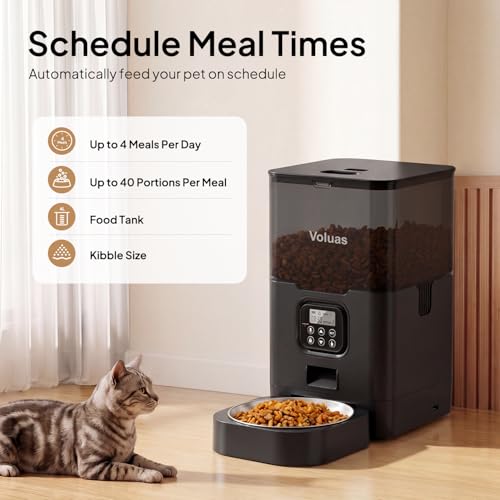 VOLUAS Cat Dry Food Dispenser with Timer, Automatic Cat Feeders with Desiccant Bag, Programmable Portion Size Control 4 Meals Per Day, 10s Voice Recorder | Programmable Portion Control, Up to 4 Meals Daily, Dual Power Supply, Power-Off Memory, 10-Second V