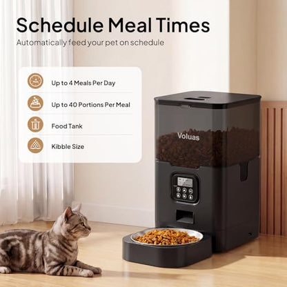 VOLUAS Cat Dry Food Dispenser with Timer, Automatic Cat Feeders with Desiccant Bag, Programmable Portion Size Control 4 Meals Per Day, 10s Voice Recorder | Programmable Portion Control, Up to 4 Meals Daily, Dual Power Supply, Power-Off Memory, 10-Second V