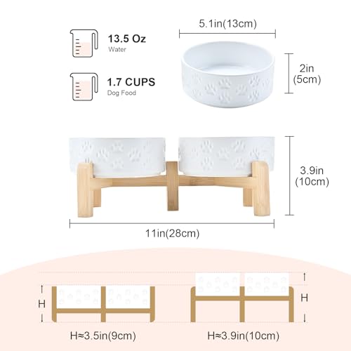 SPUNKYJUNKY Elevated Dog Bowls Ceramic, 5.1'' Dogs and Cat Food Water Bowls Raised with Non-Slip Bamboo Stand for Puppy Small Sized Breed Microwave Dishwasher Safe - 13.5 OZ,Paw White - color: Paw White, size: 5.1 in - 1.7 cups