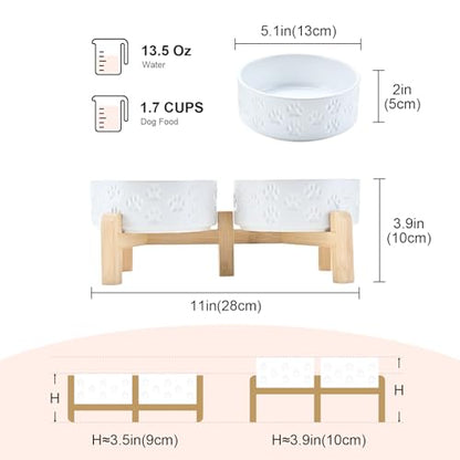 SPUNKYJUNKY Elevated Dog Bowls Ceramic, 5.1'' Dogs and Cat Food Water Bowls Raised with Non-Slip Bamboo Stand for Puppy Small Sized Breed Microwave Dishwasher Safe - 13.5 OZ,Paw White - color: Paw White, size: 5.1 in - 1.7 cups