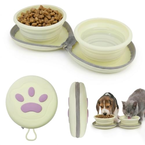 Collapsible Dog Bowls for Travel, 2-in-1 Silicone Pet Food & Water Dish with Silicone Hook, Portable Double Duty Foldable Bowl for Camping and Hiking, BPA-Free, Non-Slip (Light Yellow) - color: Light yellow