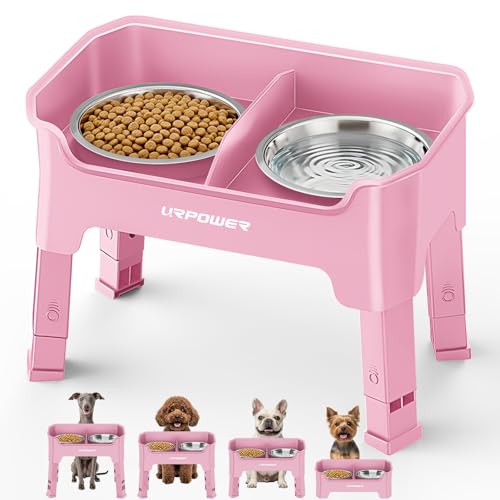 URPOWER Mess Proof Elevated Dog Bowls 4 Height Adjustable Raised Bowl Stand with 2 Stainless Steel Dog Bowls Non-Slip Food and Water Bowl Set for Small Dogs, Pink - color: Pink, size: Small