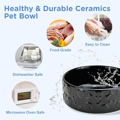 SPUNKYJUNKY Elevated Dog Bowls Ceramic, 5.1'' Dogs and Cat Food Water Bowls Raised with Non-Slip Bamboo Stand for Puppy Small Sized Breed Microwave Dishwasher Safe - 13.5 OZ,Skull Black - color: Black- Skull, size: 5.1 in - 1.7 cups