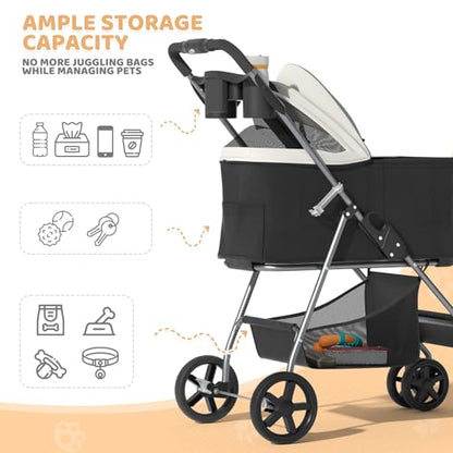 Magshion Foldable Pet Stroller, 3-in-1 Dog Travel Jogger with Detachable Carrier, Cup Holder, Storage Basket, Folding Carrier for Small/Medium Dogs & Cats Up to 33 lbs, Black - color: Black, style: Up to 33 lbs