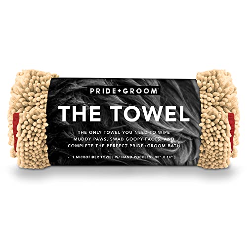 PRIDE AND GROOM The Towel – Thick, Soft, Super Absorbent Microfiber Towel for Dogs & Pets that is Quick Drying, Holds 7 Times its Weight in Water and Has Dual Pockets for Your Hands